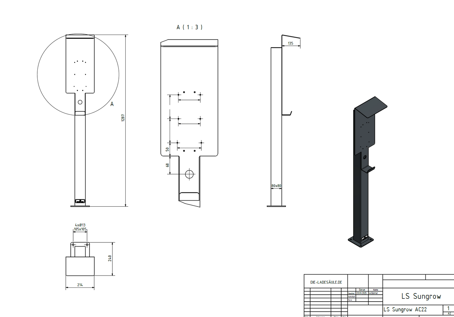 Laadpaal geschikt voor Sungrow Wallbox met dak | voet | voetstuk | voetstuk