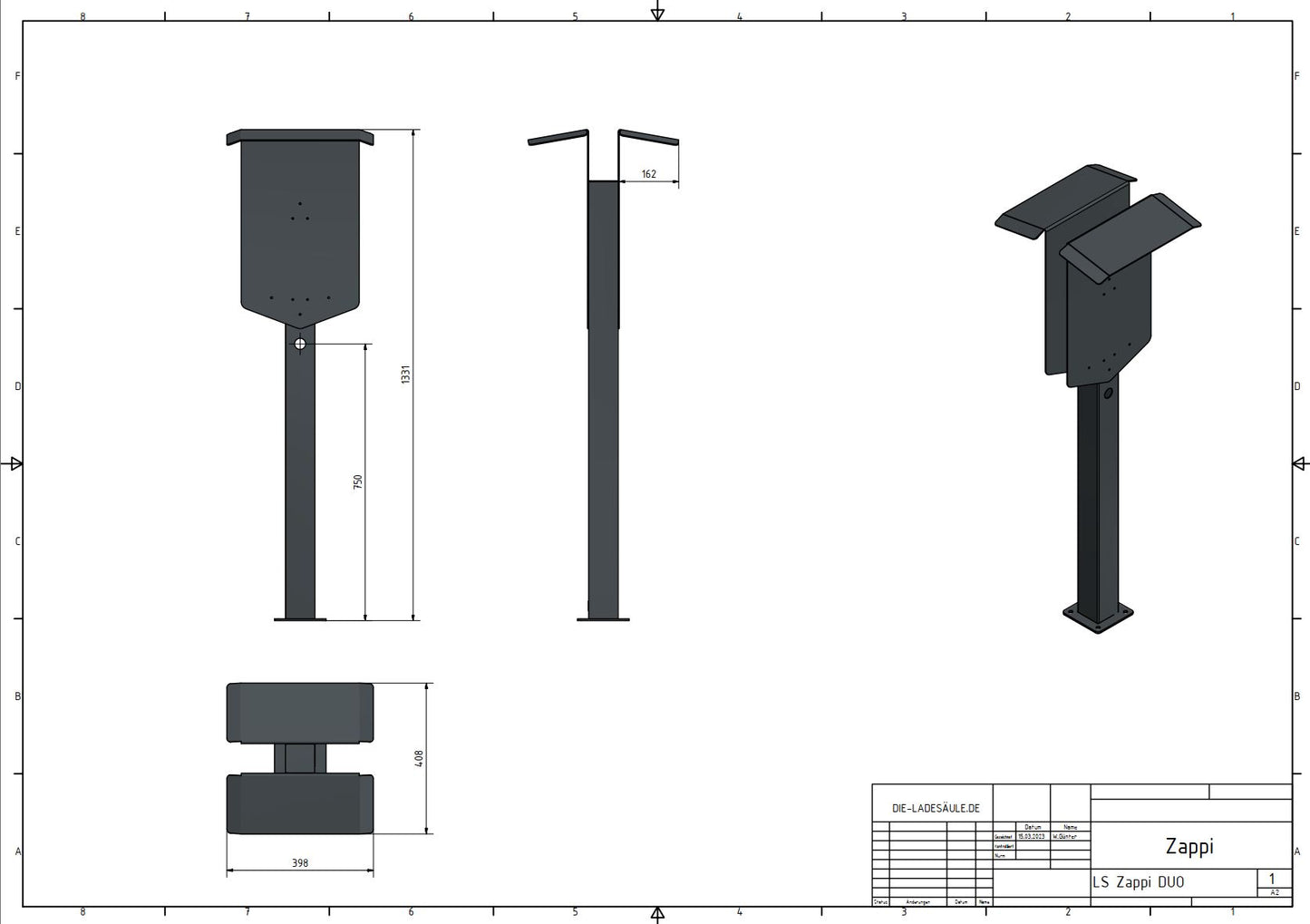Dubbele laadpaal geschikt voor 2x Zappi Charger Wallbox met dak en kabelhouder | standaard | voetstuk